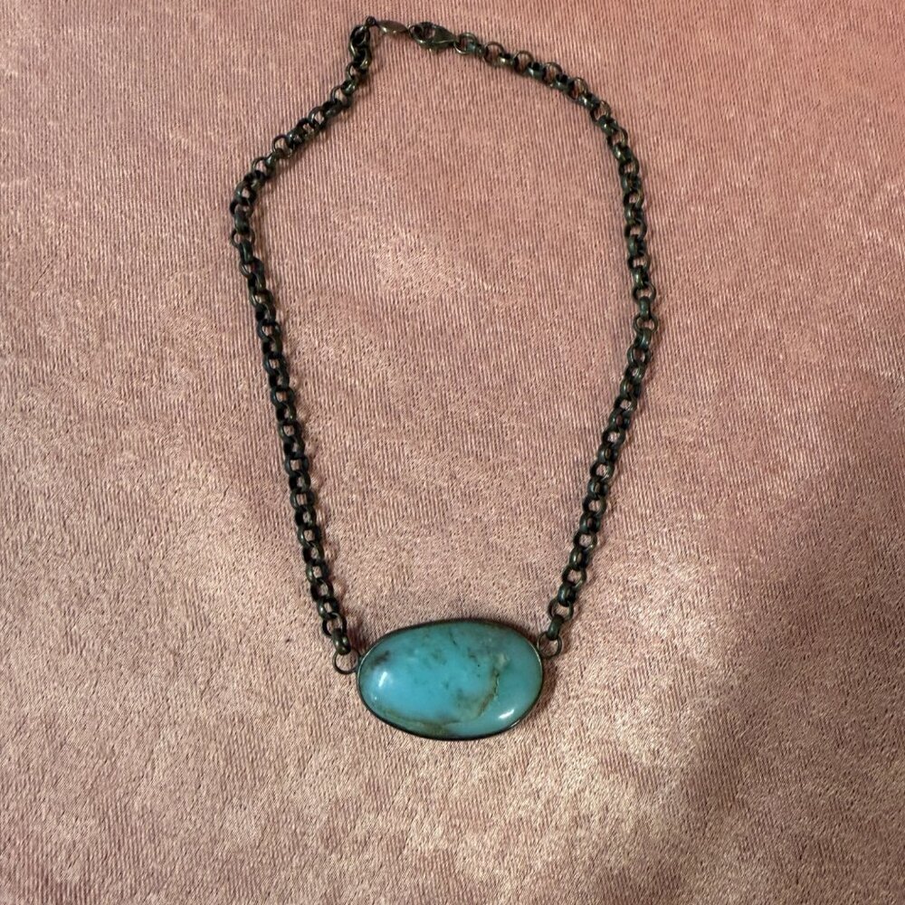Vintage Turquoise Pendant Necklace With Antique Brass Chain